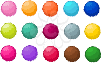 Colorful fluffy pompom fur balls isolated vector set. Pompom ball fluffy, illustration of colored soft pompom
