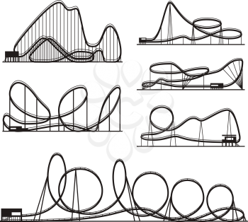 Rollercoaster vector vector black silhouettes isolated on white. Amusement park icons. Rollercoaster for amusement park, illustration of roller-coaster