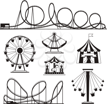Amusement park, roller coasters and carousel vector icons. Festival and rollercoaster attraction illustration