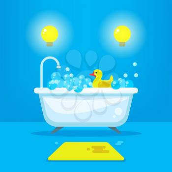 Vector relax in bathroom concept background. Bathtub with bubbles and rubber duck. Interior of bathroom illustration