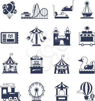 Carnival in amusement park with carousel and circus. Attractions vector icon. Attraction and carnival with carousel for park amusement illustration