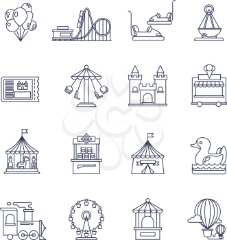 Luna park amusement line vector icons. Attraction set icons, collection of amusement icons train and castle, ferris wheel illustration