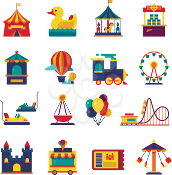 Fairground games and amusement park flat vector icons. Funfair icons set of ferris wheel and amusement park illustration
