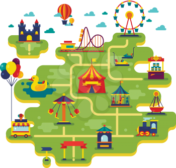 Family fun amusement park vector map. Entertainment in vacation vector background. Illustration of festival fair entertainment and amusement park