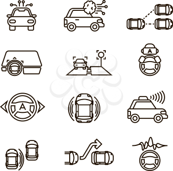 Smart car and hands free driving automatic system vector line icons. Automatic car system, illustration of smart automobile