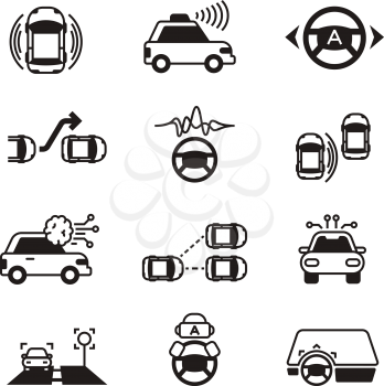 Car self control, futuristic driving intelligent vehicle systems vector icons. Smart car control, autonomous navigation for car illustration