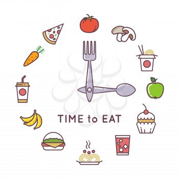 Weight loss diet vector concept with clock and food icons. Food clock concept lifestyle illustration