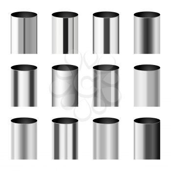 Chrome metal polished gradients corresponding to cylinder pipe vector set. Gradient aluminium cylinder illustration collection