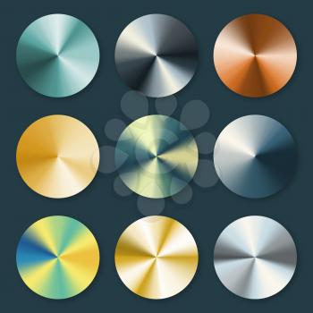 Metallic silver and gold conical metal vector gradients. Metal silver and gold plate illustration