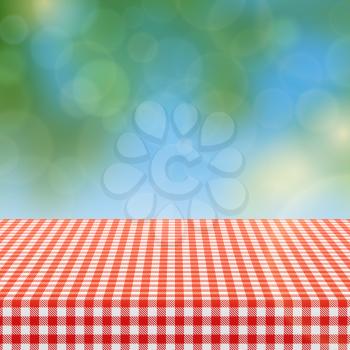 Picnic table with red checkered pattern of linen tablecloth and blurred nature background vector illustration. Checkered tablecloth textile for garden table