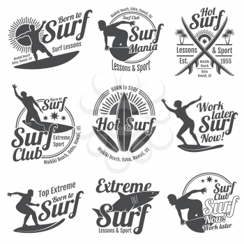 Summer surfing sports vector logos collection with surfer, surf board and ocean wave. Summer sport surfing, illustration of sport surf board badge