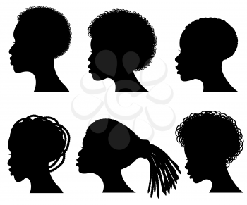 Afro american young woman face vector black silhouettes. Shape black silhouette woman hair illustration