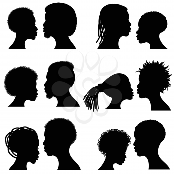 African female and male face vector silhouettes. Afro american couple portraits for wedding and romantic design. Couple african profile man and woman, illustration of black silhouette couple