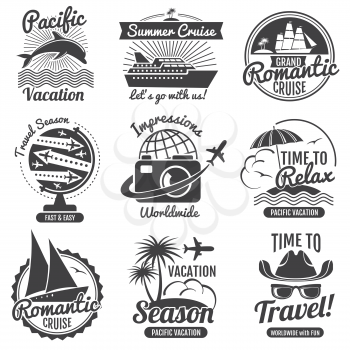 Vintage travel vector logo set. Adventure and label romantic cruise illustration