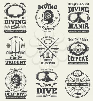 Scuba diving vintage vector labels. Spearfishing retro seal. Vintage label scuba diving, illustration emblem diving