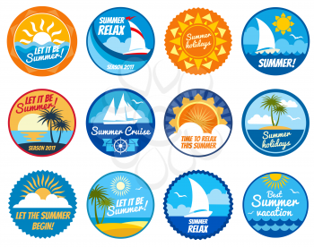 Summer party vector labels and emblems with sun and sea beach. Vacation summer emblem, illustration of summer sticker with yacht and sun
