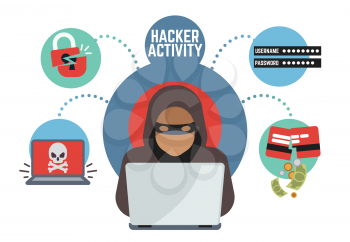 Online security and protection, criminal hacker spies in internet. Online money thief vector concept. Hacker with laptop illustration
