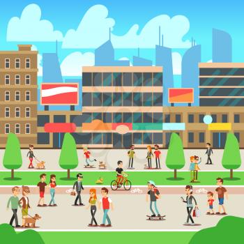 People walking on city street with urban cityscape vector illustration. Urban street with building and people