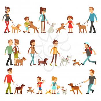 Happy people with pets. Women, men and children playing with dogs and puppes. Persons and animals friendship vector set. Happy child with dog illustration