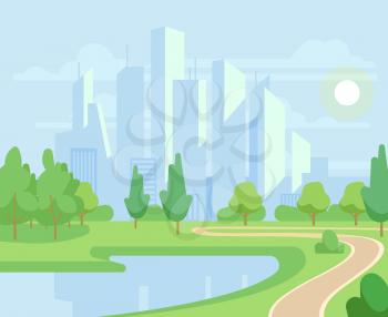 Spring or summer nature and green trees in city park with urban skyline vector illustration. Natural park with pond and green tree