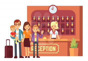 Hotel reservation vector concept with young happy family at reception. People on holiday background. Hotel reception and family on vacation illustration
