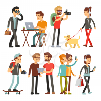 Young woman, man and kid with smartphone and gadgets. Woman and man character with gadget device, vector illustration