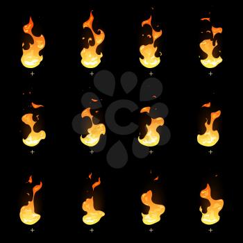 Fire sprite sheet. Cartoon vector flame game animation. Set of flame for game, illustration of burn bright fire design