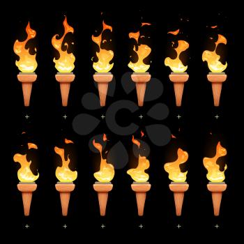 Torch animation with cartoon fire blaze sequence sprites vector set. Animation fire torch, illustration of burn motion torch