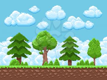 Pixel game vector landscape with trees, sky and clouds for 8 bit vintage arcade game. Landscape game scene interface illustration