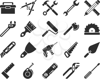 Construction and engineering tools silhouette vector icons. Silhouette of hammer and equipment hardware, drill and wrench illustration