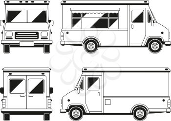 Blank commercial food truck in different points of view. Outline vector template for you advertising. Vehicle van for retail street illustration