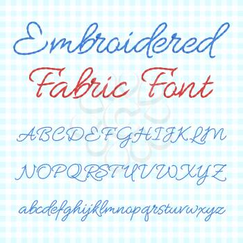 Embroidered fabric font with calligraphic letters. Vector thread alphabet. Stitch abc embroidery, illustration of type abc sewing