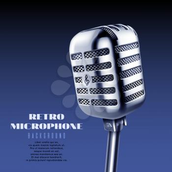 Realistic vintage steel concert or studio microphone vector illustration. Radio retro microphone, audio equipment technology