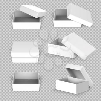 White empty square open box in different positions vector set. Carton square box, illustration of cardboard box open