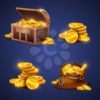 Wooden chest and big old bag with gold coins, money stack isolated. Video game vector rich assets illustration