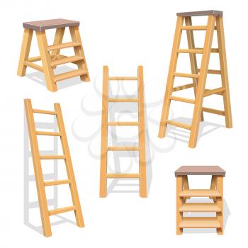 Wood household steps. Isolated wooden ladder vector set. Wooden ladder construction, stepladder illustration of set