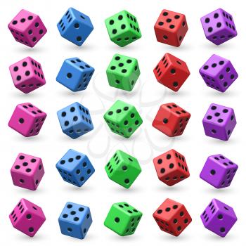 Playing dice vector set. 3d cube with numbers for board casino game. Set of colored dice for game illustration
