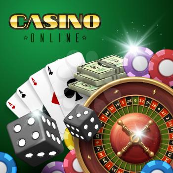 Online casino gambling vector background with roulette, dice and poker cards. Poker and dice in casino online illustration