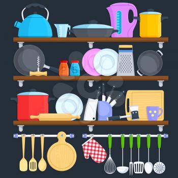 Kitchen shelves with cookware and cooking equipment flat vector concept. Cooking kitchenware illustration