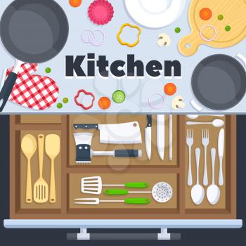 Kitchen design vector background with cooking restaurant equipment. Knife spoon and fork in kitchen drawer illustration