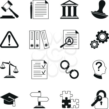 Law consulting, legal compliance vector icons. Policy and regulations pictograms illustration