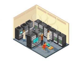 Computer hardware in network server room with staff. Isometric security center vector illustration. Database server network internet