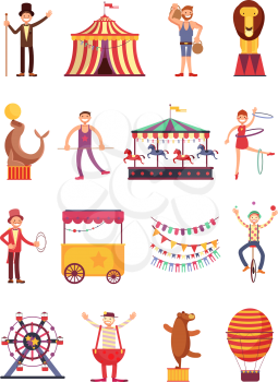 Carnival and circus cartoon fun characters. Fair carousel and amusement park elements vector collection. Carnival circus cartoon, illustration of air balloon and clown