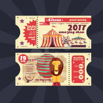 Circus magic show ticket vector vintage design isolated. Ticket to show circus, performance and amusement illustration