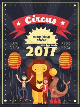 Retro circus entertainment, carnival and holiday show vector poster and invitation design. Banner invitation to entertainment carnival and circus show illustration