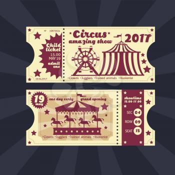 Vintage kids costume party invitation. Retro circus carnival ticket vector template. Illustration of ticket to show circus