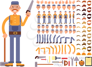 Cartoon man construction worker in jumpsuit vector character with big set of body parts. Creation constructor of different poses. Man construction body and different tools illustration
