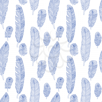 Vector seamless vintage pattern with hand drawn flying feathers. Pattern with hand drawn bird feather illustration