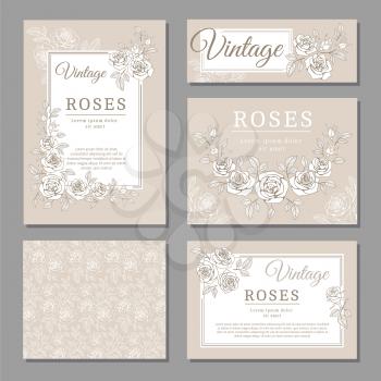 Classic wedding vintage invitation cards with roses and floral elements vector templates. Invitation card wedding with floral vintage pattern illustration