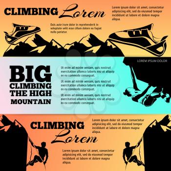 Climbing banners collection with black silhouettes. Vector adventure banner, illustration of climbing mountain poster